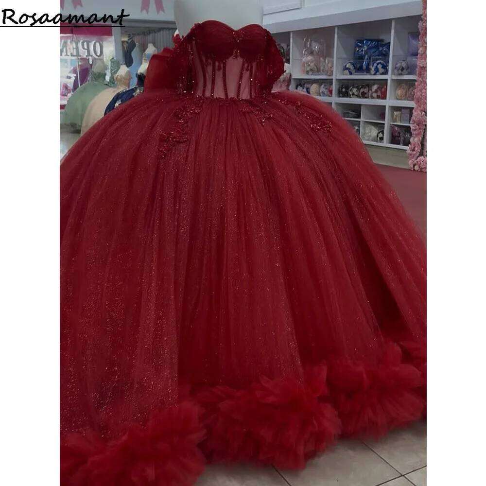 Luxury Red Quinceanera Dresses Princess Bead Crystals Birthday Gowns 3D Flower Appliques Vestidos De 15 Wit Bow Customized