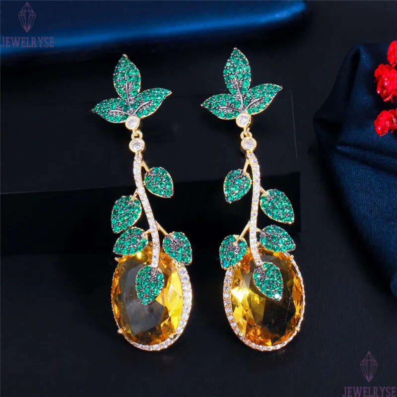 Luxury Vintage Charm Leaf Designer Earring for Woman Party Yellow AAA Cubic Zirconia South American Copper Long Womens Diamond Earrings Jewelry Girlfr