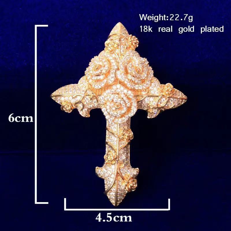 Fashion Man Jewelry Rose Gold Color Hip Hop Pendant S925 VVS1 Moissanite Diamond Rose Cross Pendant Cuban Chain Necklace Set