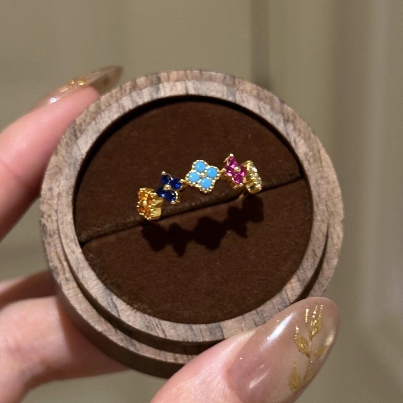 French Style Light Luxury Retro Exquisite Colorful Clover Ring Earring Necklace Dopamine Colored Treasure Niche Design Set