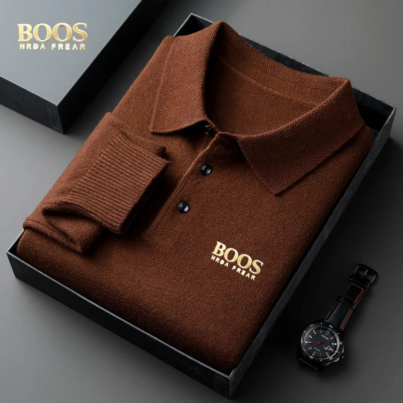 BOOS HRDAFREAR autumn and winter wool collar long sleeved mens knitted polo shirt solid color middle-aged base sweatermen c 251204