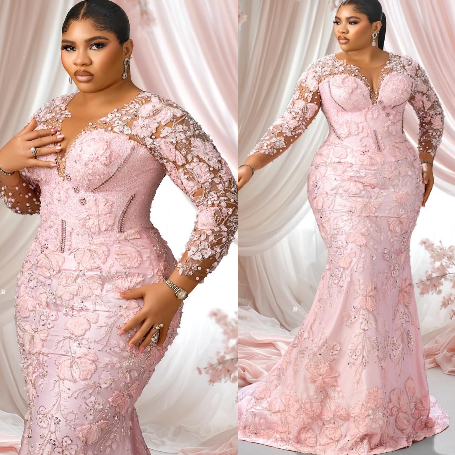 Aso Ebi Pink Mermaid Prom Dresses 2026 Crystals Pearls Floral Lace Evening Formal Party Second Birthday Engagement Gowns Plus Size Dress For Special O