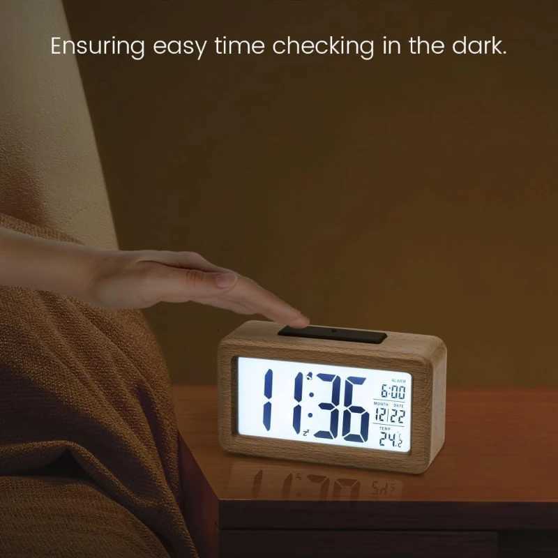 1PC Clock with Large LCD Backlit Display Alarm Clock Wooden Bedside Temperature Snooze Function Brightness Sensor M251205 - view 5
