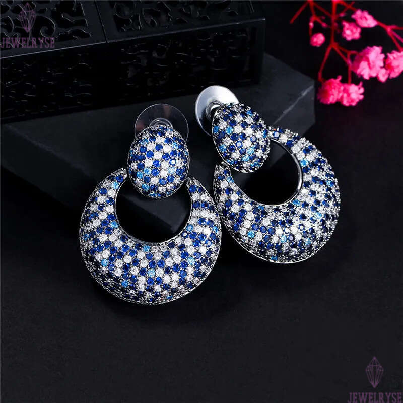 Luxurious french charm big circle diamond earring designer for woman party Full Blue AAA Cubic Zirconia South American Women Silver Earrings Gift Size