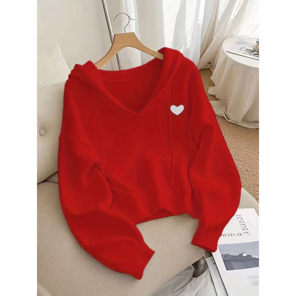 Women's Oversized Hooded Sweatshirt With Red Heart Patch - Cozy Long Sleeve Medium Stretch Fabric, Drawstring Hood & Ribbed Cuffs For Fall Winter