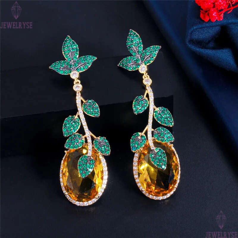 Luxury Vintage Charm Leaf Designer Earring for Woman Party Yellow AAA Cubic Zirconia South American Copper Long Womens Diamond Earrings Jewelry Girlfr
