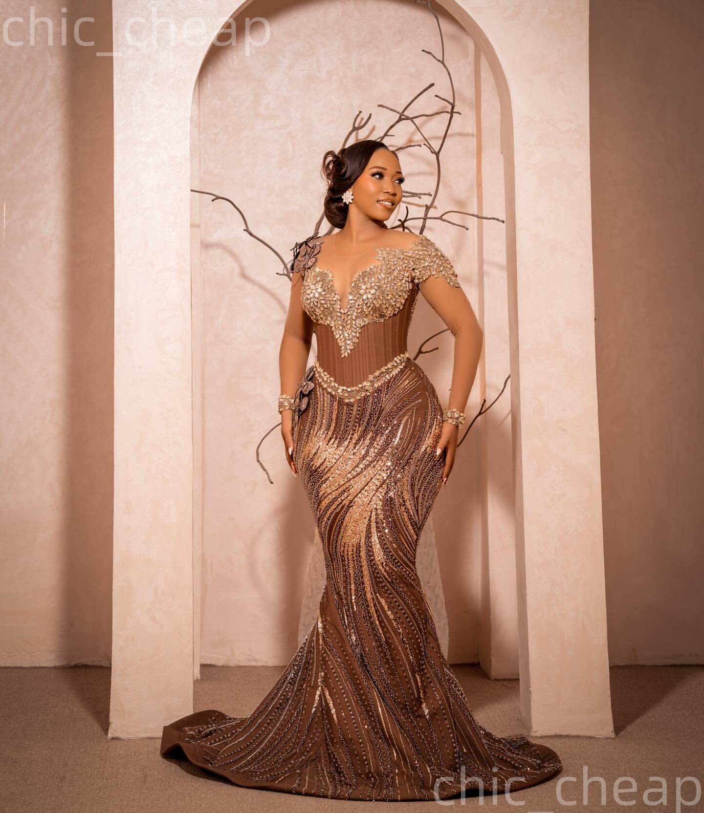 Aso Ebi Chocolate Mermaid Prom Dresses 2026 Crystals Flowers Sparkly Evening Formal Party Second Birthday Engagement Gowns Plus Size Dress For Special