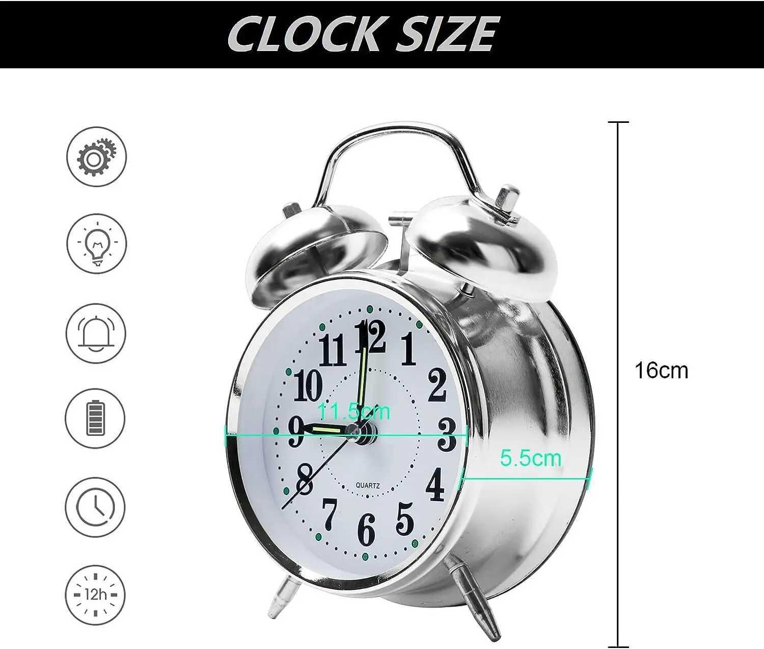 Silent Alarm Clock Double Bell Loud Retro Mechanical Bedside With Night Light M251205 - view 5