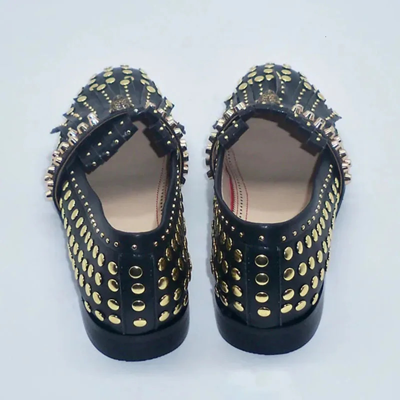 Handmade Rivet Tassel Dress Shoes Man Pointed Toe Black Real Cow Leather Slip On Flats Male Party Shoes 251204