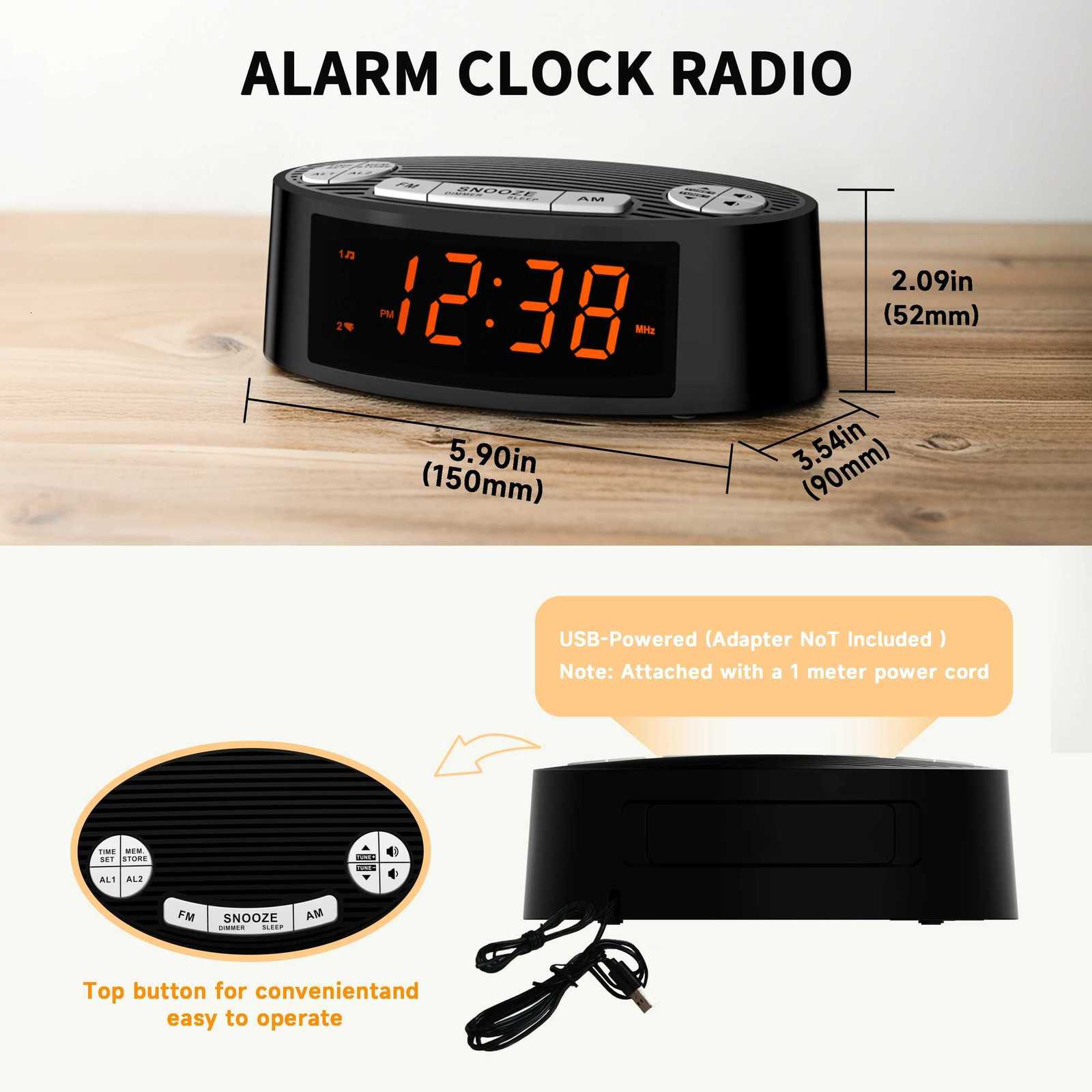 AM/FM Alarm Clock Radio with Dual Alarm Sleep Timer Snooze Functions Orange LED Display 4-Level Dimming Option iTOMA CKS3301U M251205 - view 6