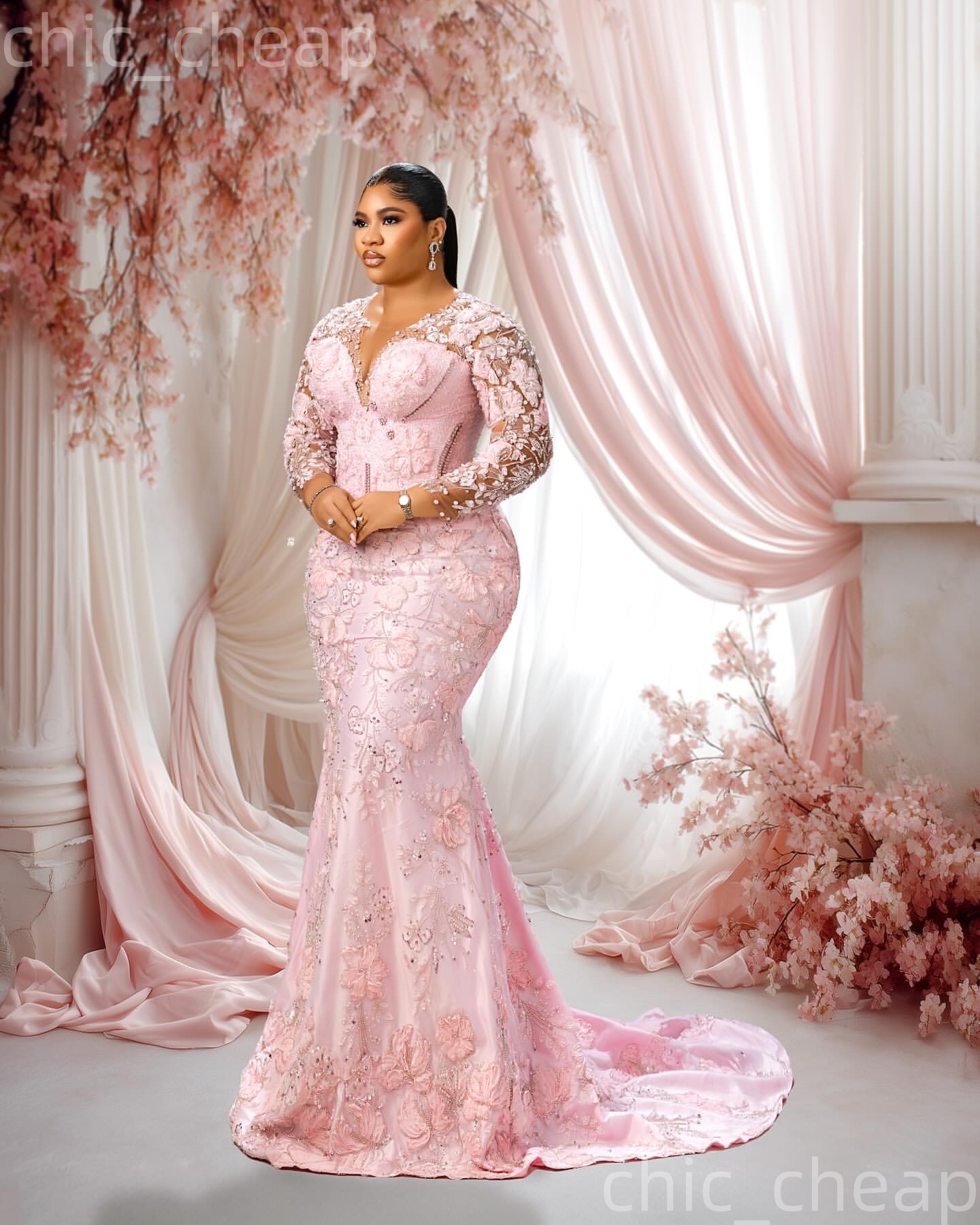 Aso Ebi Pink Mermaid Prom Dresses 2026 Crystals Pearls Floral Lace Evening Formal Party Second Birthday Engagement Gowns Plus Size Dress For Special O