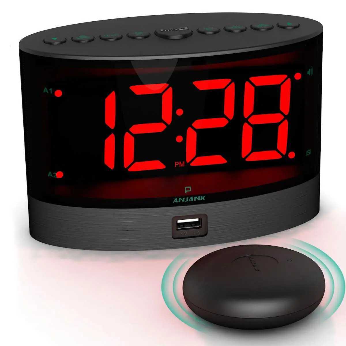 ANJANK Loud Alarm Clock for Heavy Sleepers with Wireless Bed ShakerVibrating for Deaf /Hearing-impairedDual AlarmUSB Charger M251205