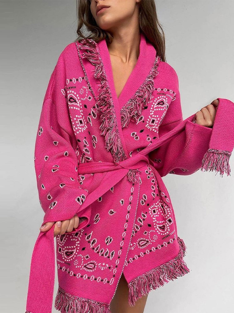 Elegant Knit Jacquard Tassel Belt Cardigan Women Lace Up Lapel Long Sleeve Warm Sweater 2025 Autumn Winter Lady Knitwears 251112