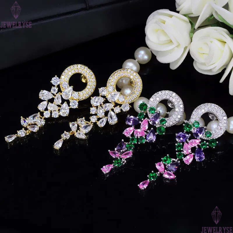Long designer earring AAA Cubic Zirconia Garland Charm Wedding Earrings Jewelry White Colorful CZ Copper 18K Gold Silver Luxury Fashion Earring Party 