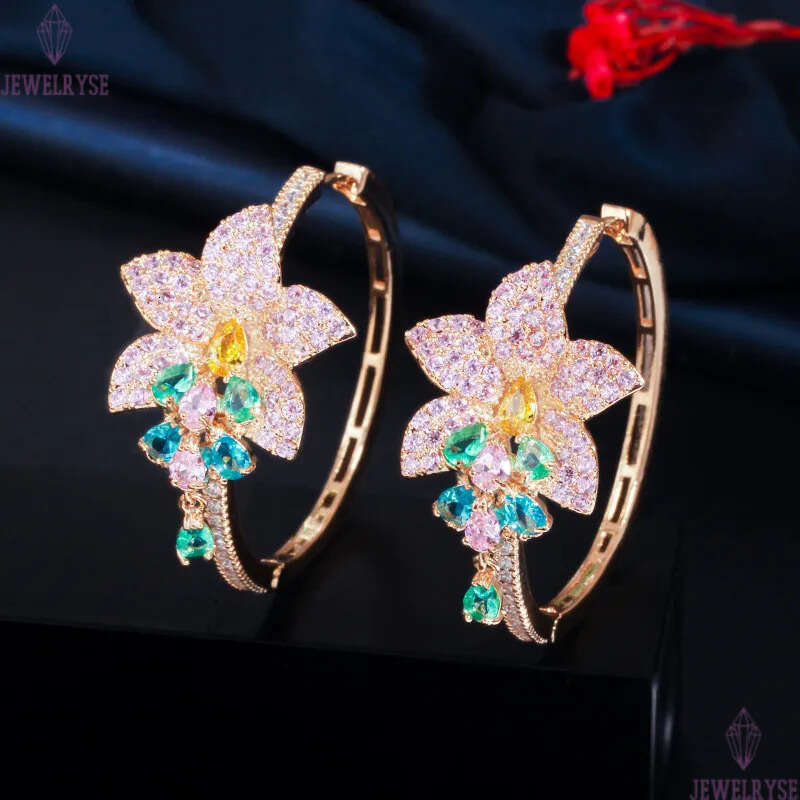 Fashion Hoop Crystal AAA Cubic Zirconia Flowers Designer Earrings Copper Colorful CZ Circle Earring Gold Jewelry Valentines Day For Women Party Gift