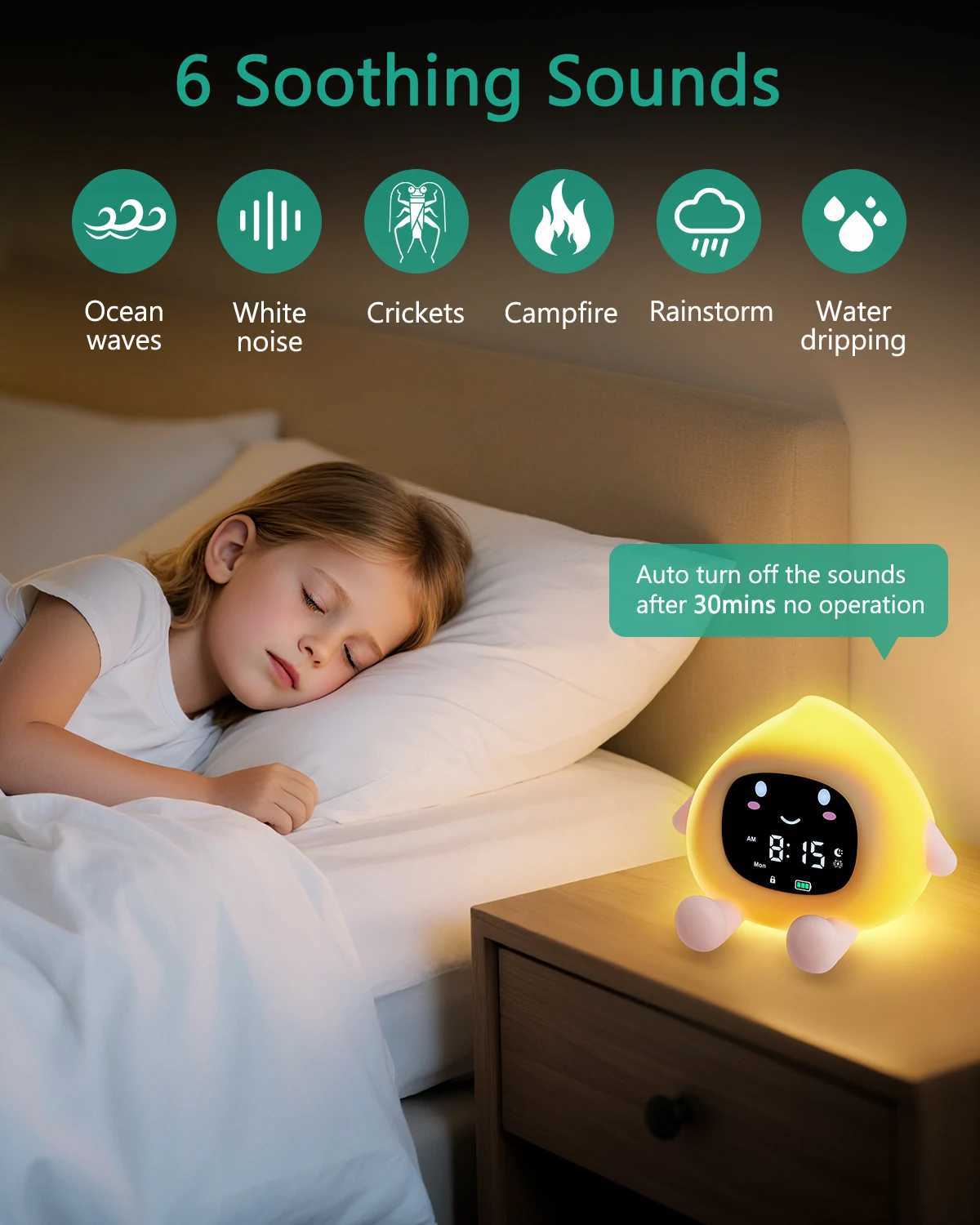 ORIA Kids Alarm Clock Sleep Training Alarm Clock Wake Up Rechargeable Clock with 9 Color Night LightChild Lock Clocks For Home M251205 - view 5