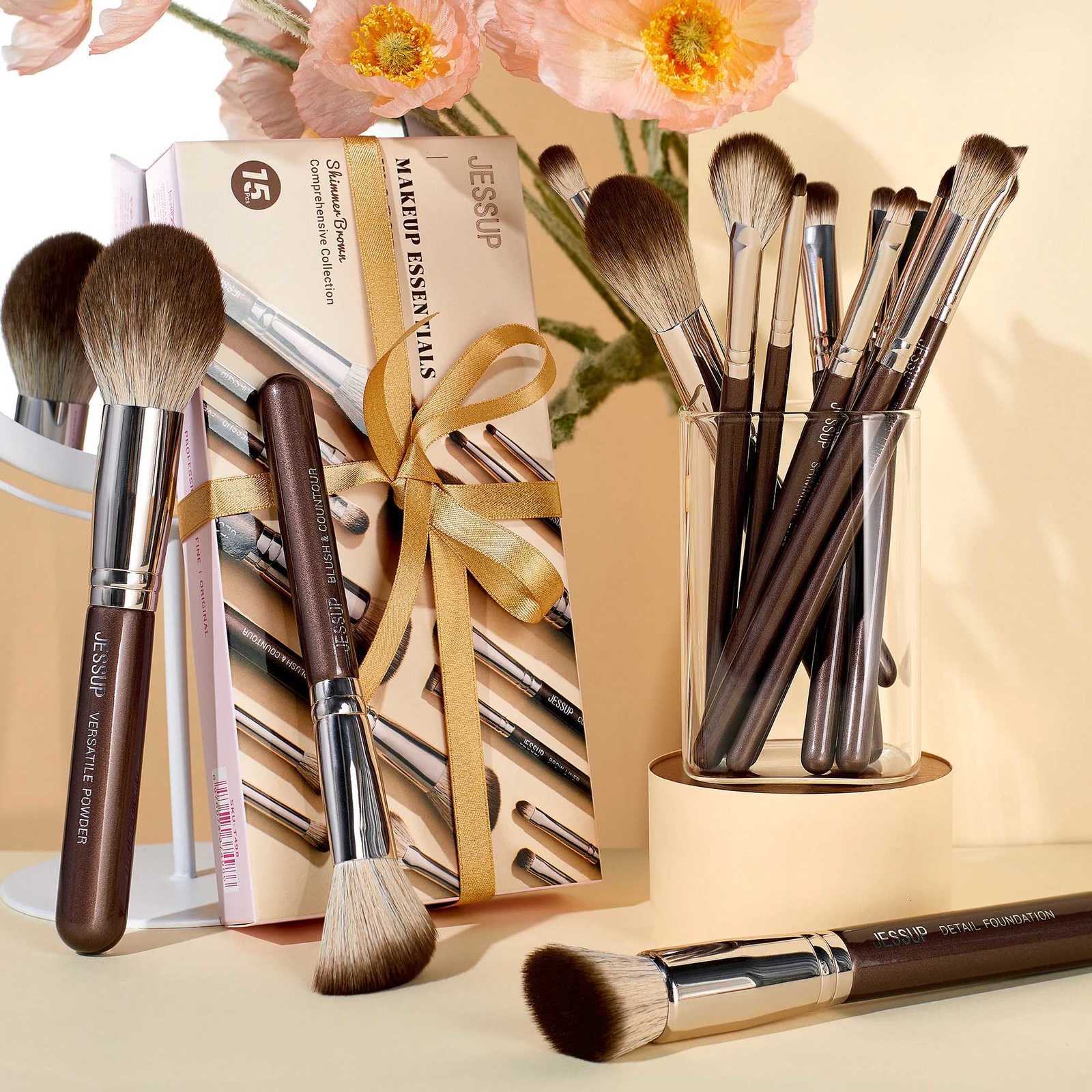 Jessup Makeup Brushes set 15pcs Brown Make up Brushes Vegan Foundation Blender Concealer Powder Eyeshadow Highlighter BrushT498T251205