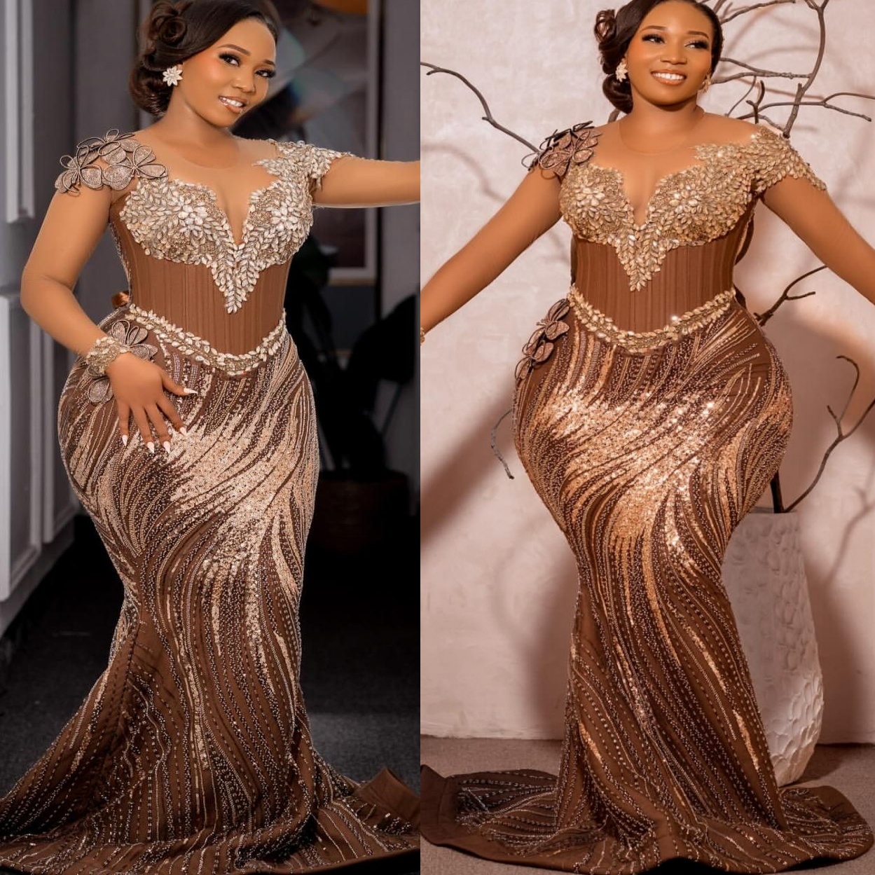 Aso Ebi Chocolate Mermaid Prom Dresses 2026 Crystals Flowers Sparkly Evening Formal Party Second Birthday Engagement Gowns Plus Size Dress For Special