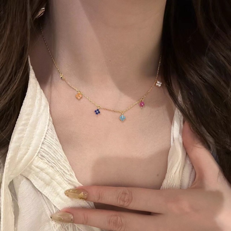 French Style Light Luxury Retro Exquisite Colorful Clover Ring Earring Necklace Dopamine Colored Treasure Niche Design Set