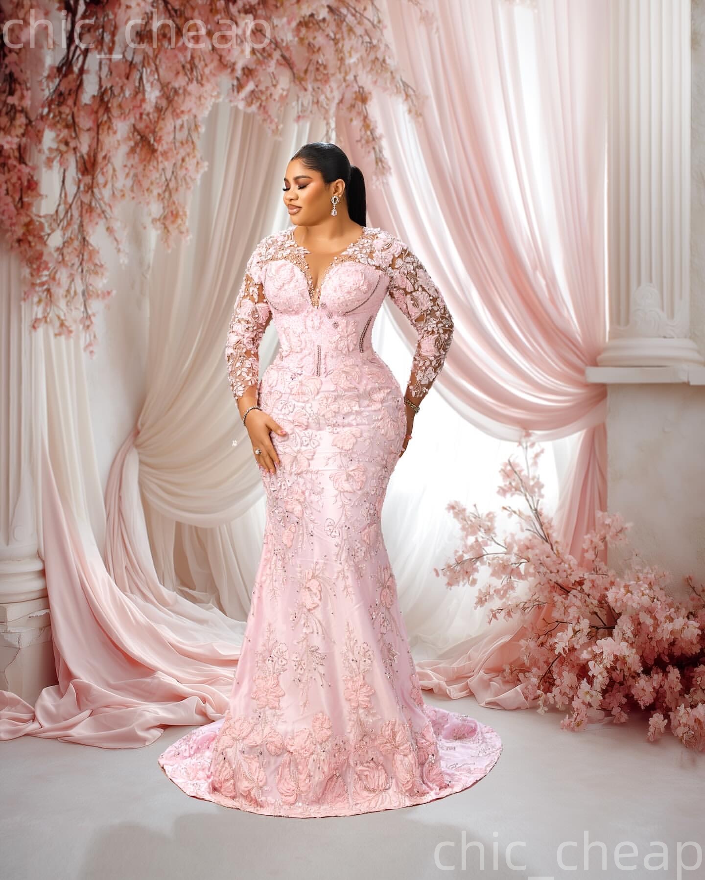 Aso Ebi Pink Mermaid Prom Dresses 2026 Crystals Pearls Floral Lace Evening Formal Party Second Birthday Engagement Gowns Plus Size Dress For Special O