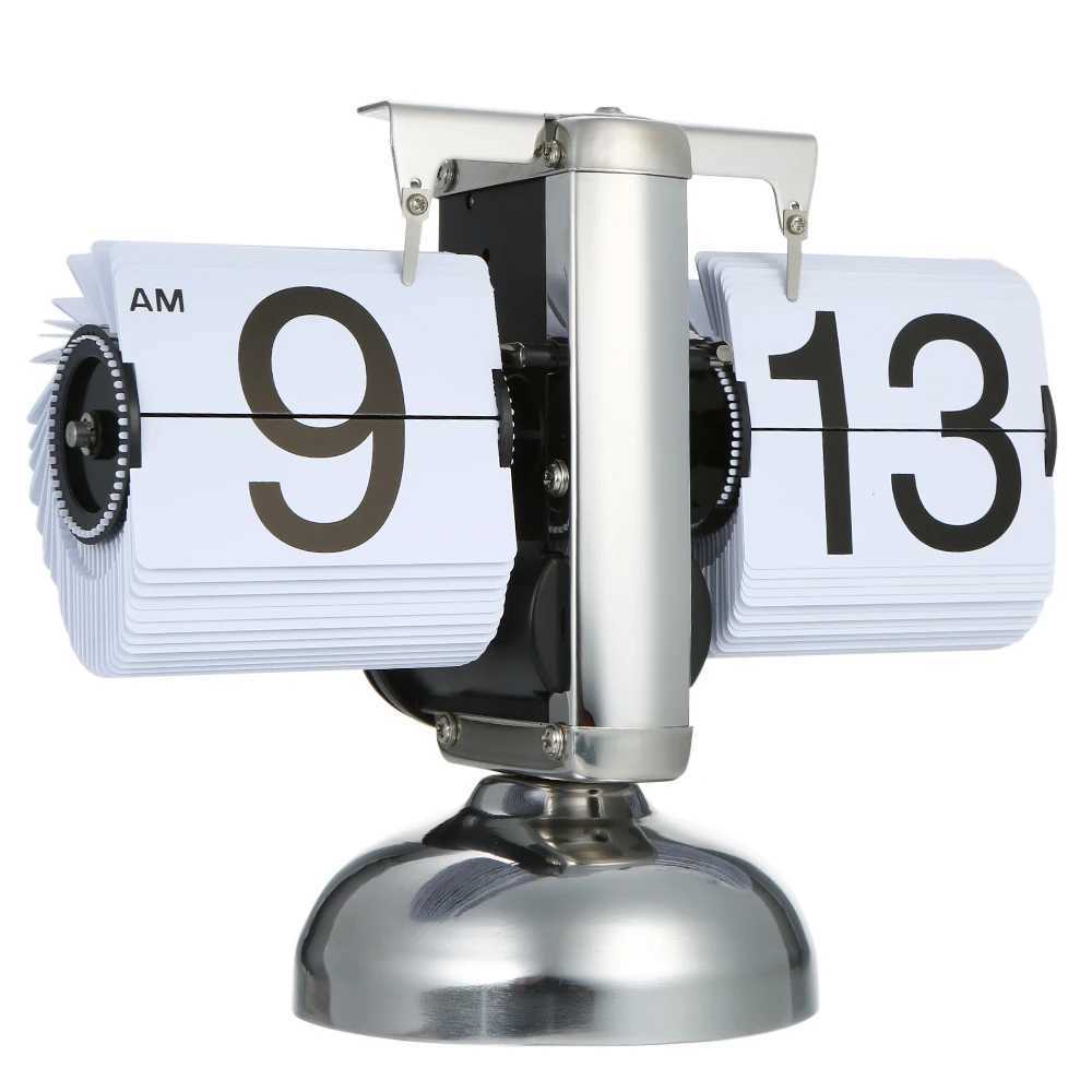 Small Scale Table Clock Retro Flip Over Clock Stainless Steel Flip Internal Gear Operated Quartz Clock Black/White M251205