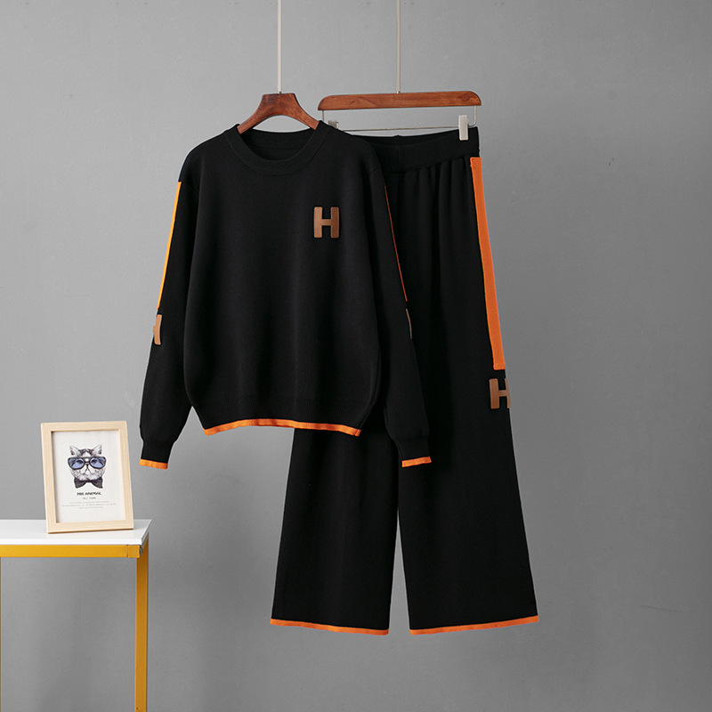 Knitted Fashion Set Round Neck Top Loose Casual Sweatpants Women Style one Size