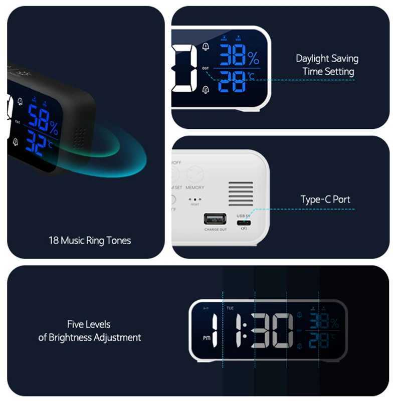 Digital Alarm Clock Table Electronic Clock with Temperature Humidity Weekday Dual Alarms Ringtones Rechargeable M251205 - view 7