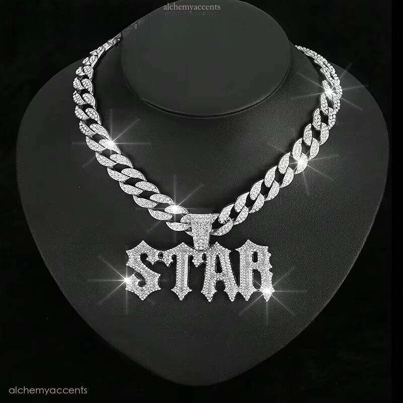 Kun Sen Men's Cuban Chain Pendant Necklace Full Ice VVS Silicon Stone Cultivated Diamond Letter Pattern Hip-Hop Jewelry - view 6