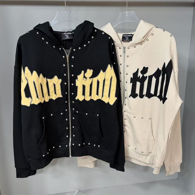 MIXED EMOTION Zipper Hoodies Sweatshirts Sweatpants Unisex High-Quality Streetwear Hip-Hop Rhinestone White Ink Direct-Print for Men and Women