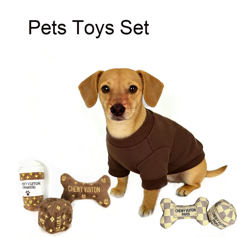 Designer Pet Toy Brown Classic Embroidered Letters Cute Pet Dog Cat Voice Toy Bones Cup Ball Fun Toy