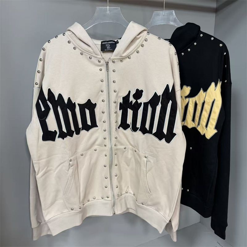 MIXED EMOTION Zipper Hoodies Sweatshirts Sweatpants Unisex High-Quality Streetwear Hip-Hop Rhinestone White Ink Direct-Print for Men and Women