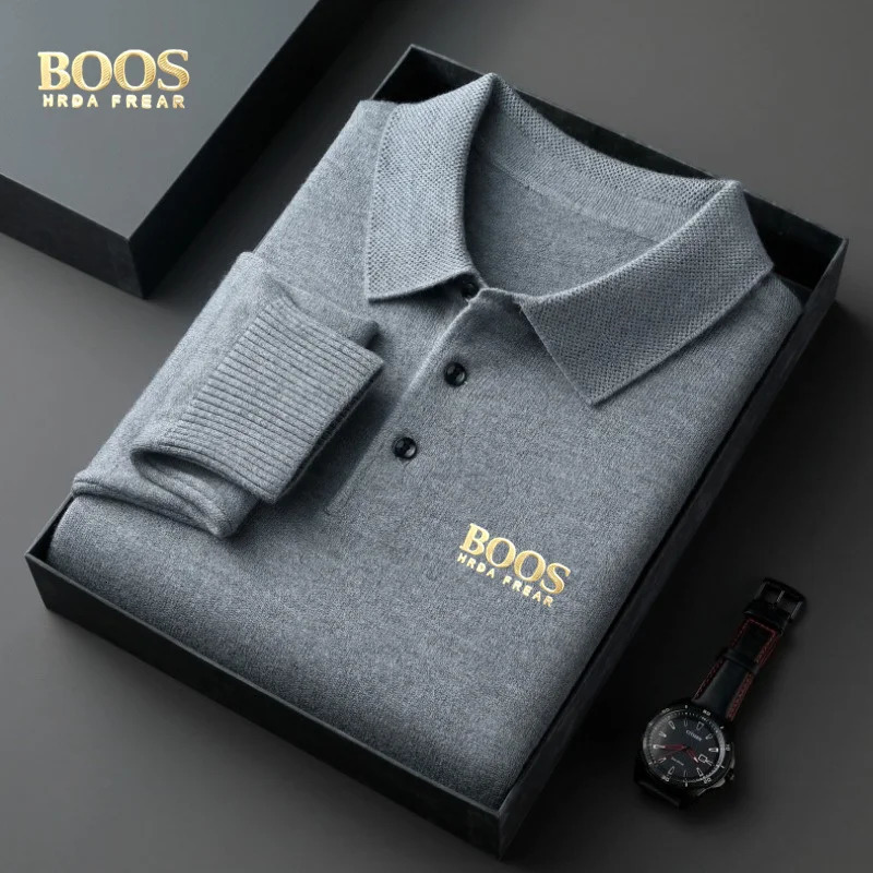 BOOS HRDAFREAR autumn and winter wool collar long sleeved mens knitted polo shirt solid color middle-aged base sweatermen c 251204
