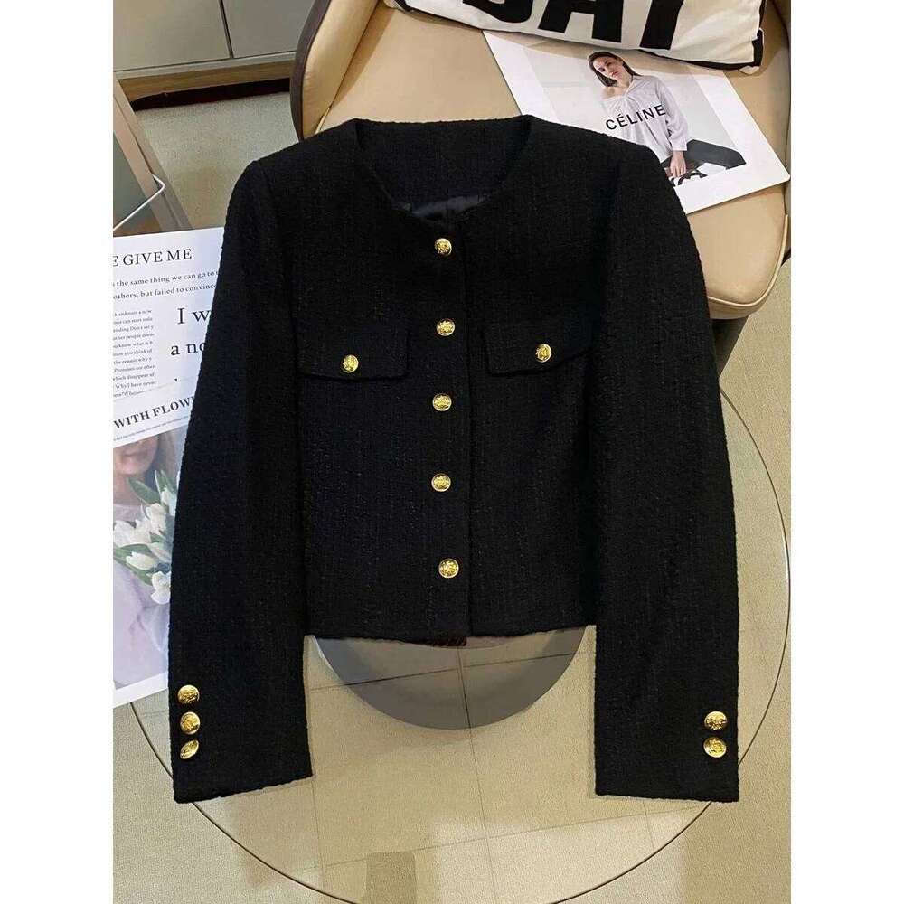 Fashion 2026 Black Fluffy Lined Crew Neck Short Jacket French Style Thick Tweed Top For Small Stature Hot Sale Of The Season New Arrival Prem Designer
