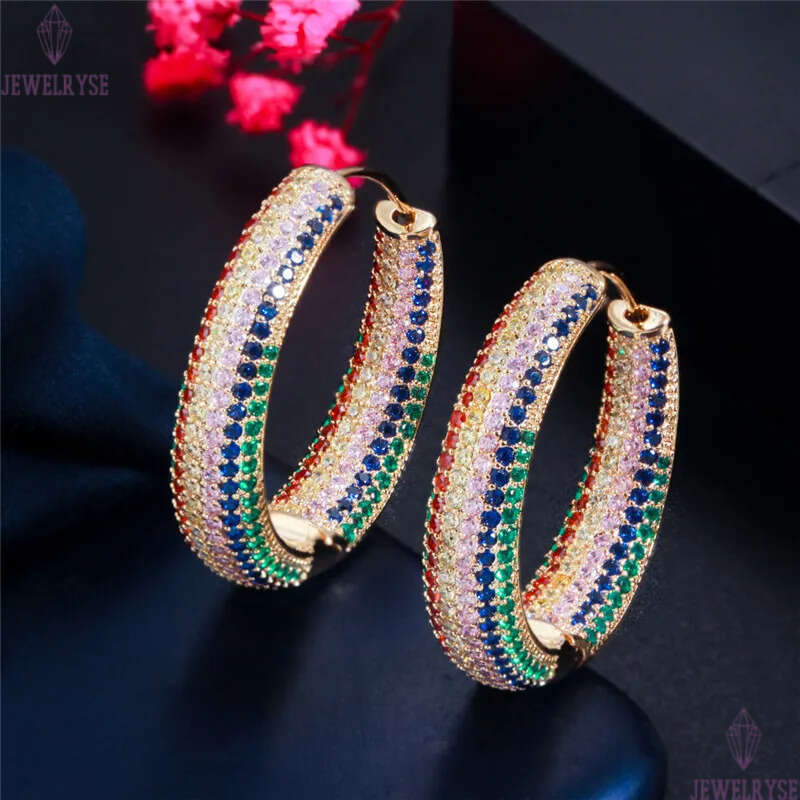 Luxury Big Diamond Gold Hoop Designer for Women Party South American Colorful AAA Cubic Zirconia Circle Earrings Bride Wedding Engagement Jewelry Gift