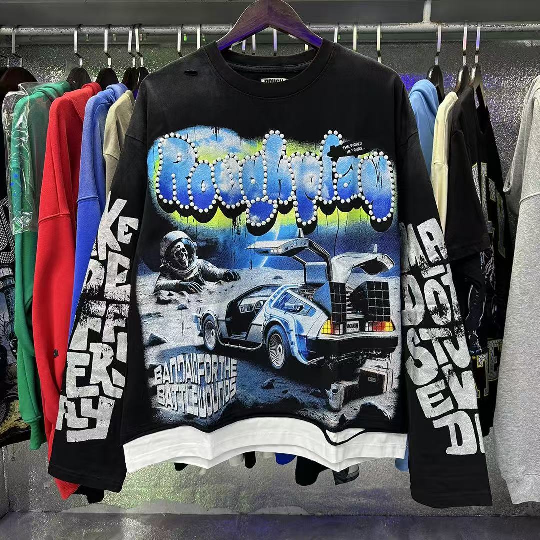 Designer Men's Hoodies RoughPlay Vintage Washed Skull Hip-hop Style Ripped Hole Patchwork Black Casual Letter Printed Y2K Top Tees High-quality L