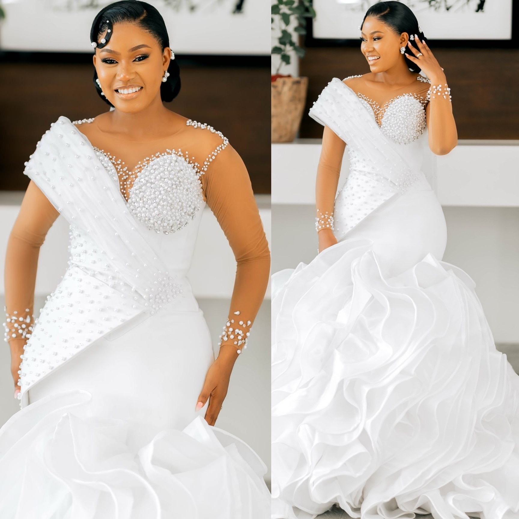 2026 Arabic Aso Ebi Plus Size White Wedding Dresses Sheer Neck Full Sleeves Pearls Organza Tiers Elegant Bridal Gowns Dress For Brides ZJ2055