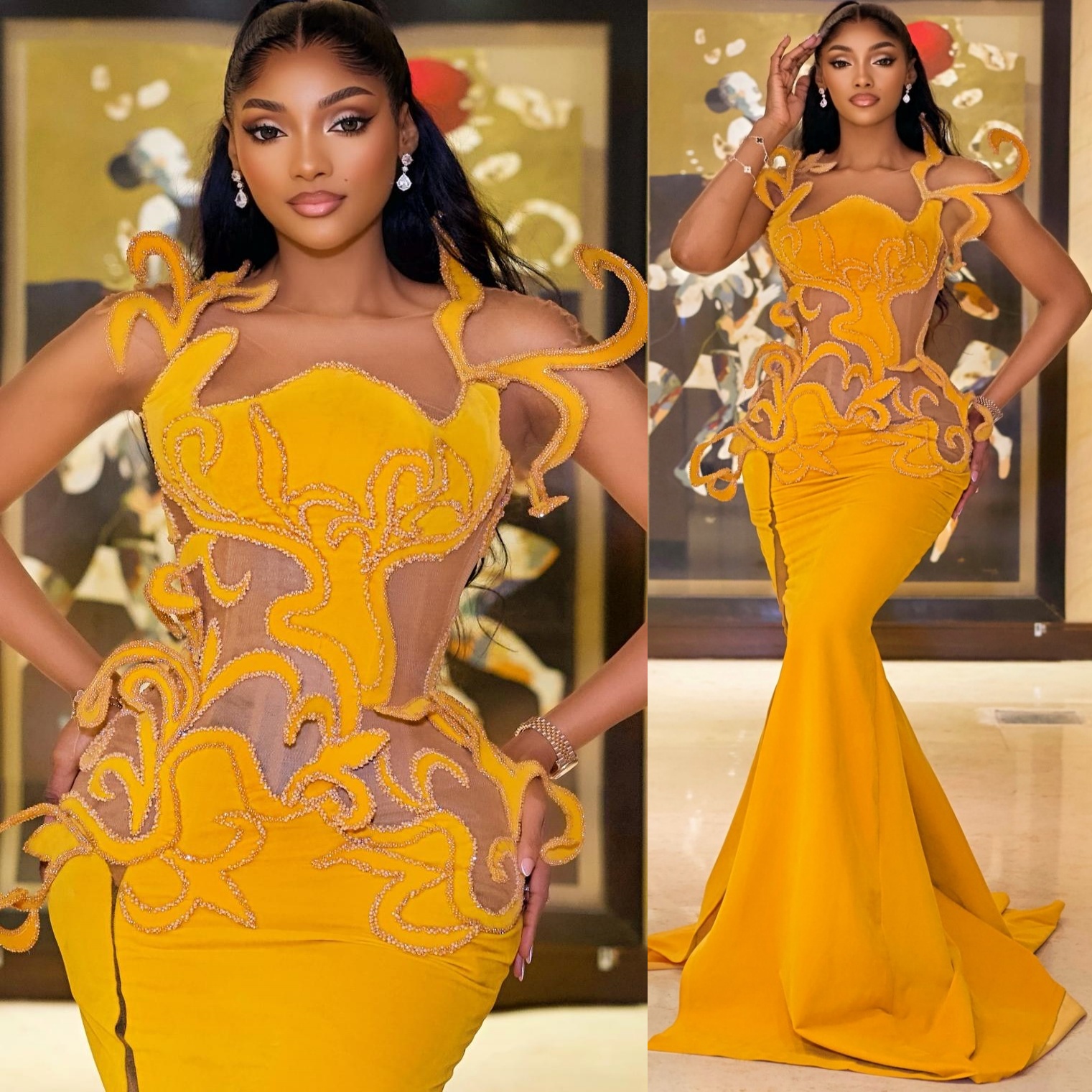 Aso Ebi Yellow Mermaid Prom Dresses 2026 Beaded Sheer Neck Stylish Satin Evening Formal Party Second Birthday Engagement Gowns Plus Size Dress For Spe