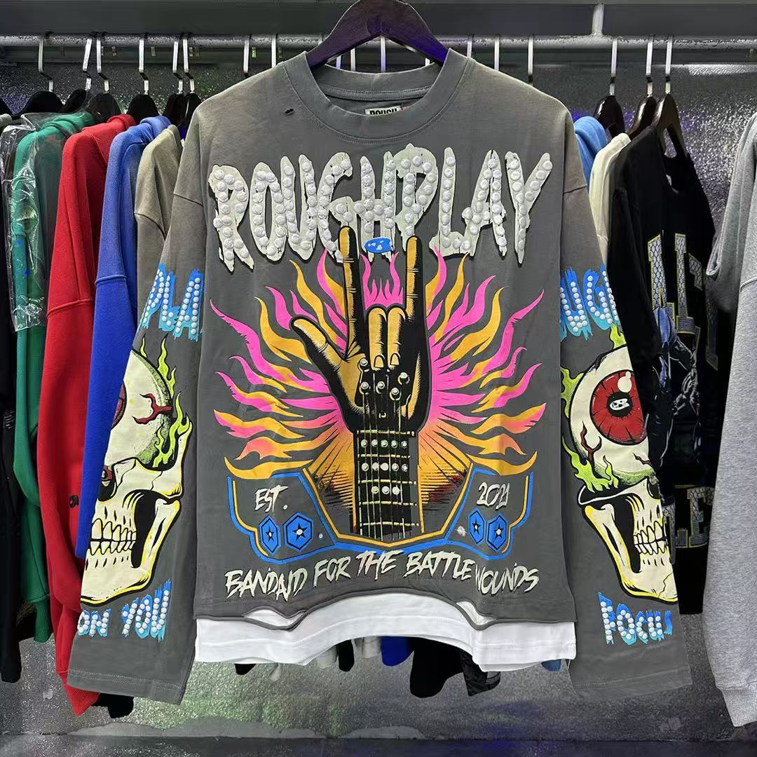 Designer Men's Hoodies RoughPlay Vintage Washed Skull Hip-hop Style Ripped Hole Patchwork Black Casual Letter Printed Y2K Top Tees High-quality L