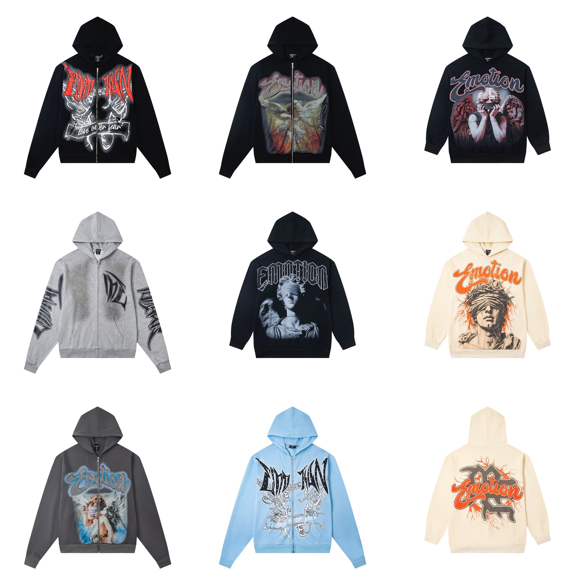 MIXED EMOTION Zipper Hoodies Sweatshirts Sweatpants Unisex High-Quality Streetwear Hip-Hop Rhinestone White Ink Direct-Print for Men and Women