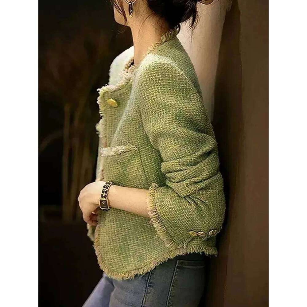 Fashion 2026 Chic Tassel Green Tweed Jackets Women Elegant Long Sleeve Korean Casual Short Coat New High Quality Sweet Outwear Tops Designer