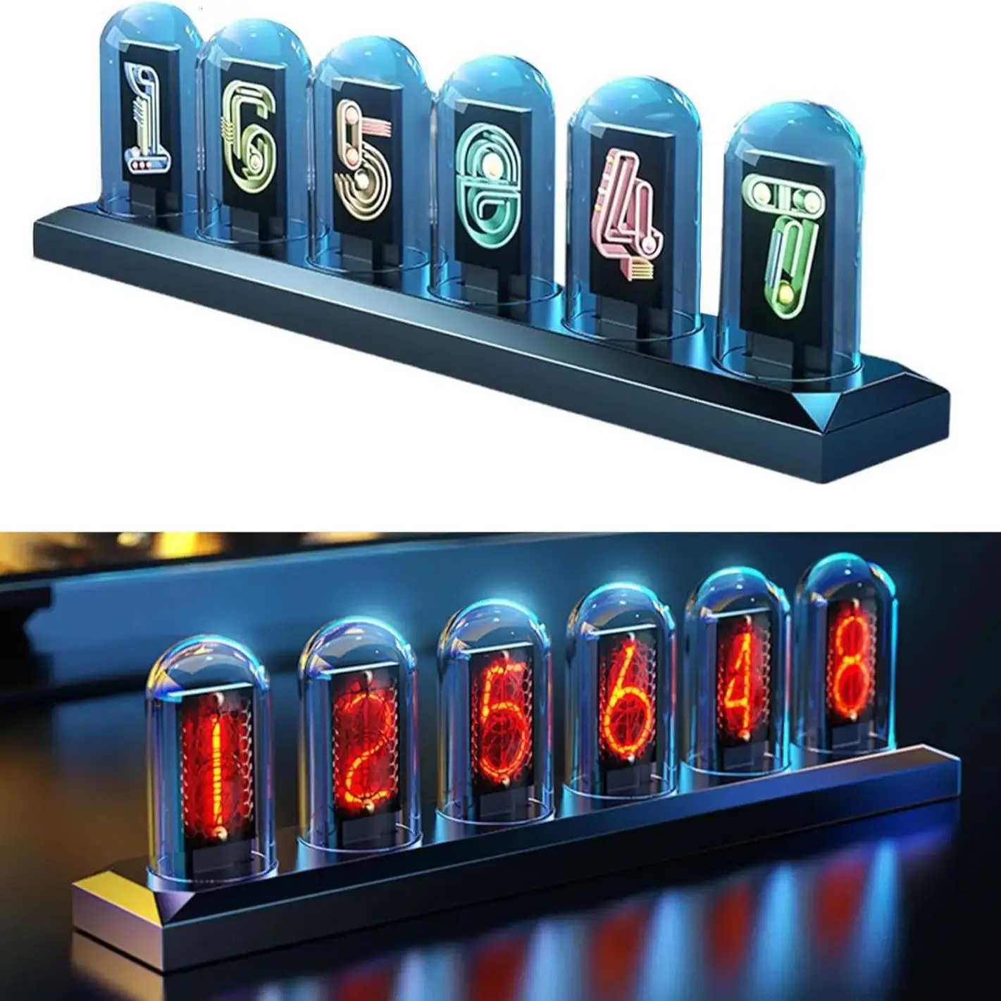 USB Powered RGB Nixie Tube Clock with IPS Color Screen Corded Electric Aluminum Oval Alarm Clock with Charging Port Metal Fram M251205