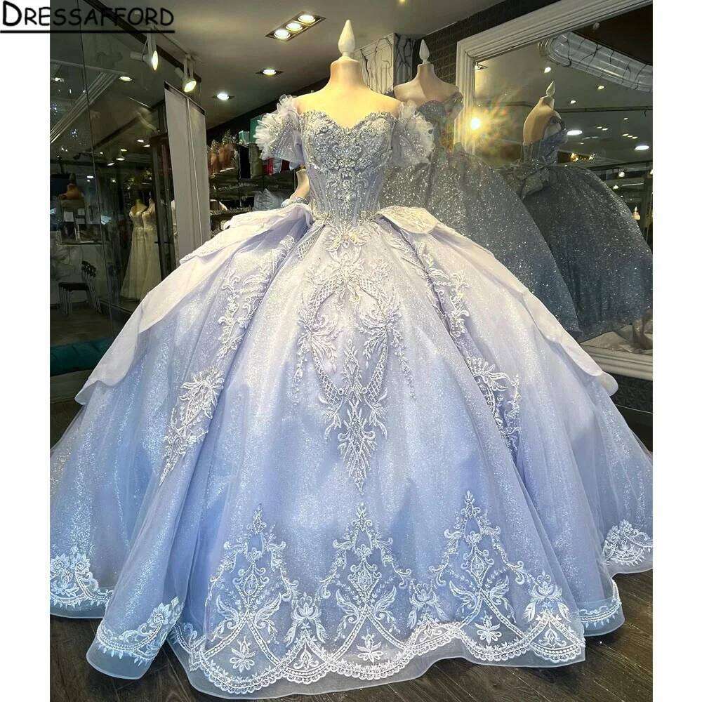 Lilac Off Shoulder Dresses Appliques Sequined Large Bow Beading Pleat Robe Quinceanera Rouge Customized