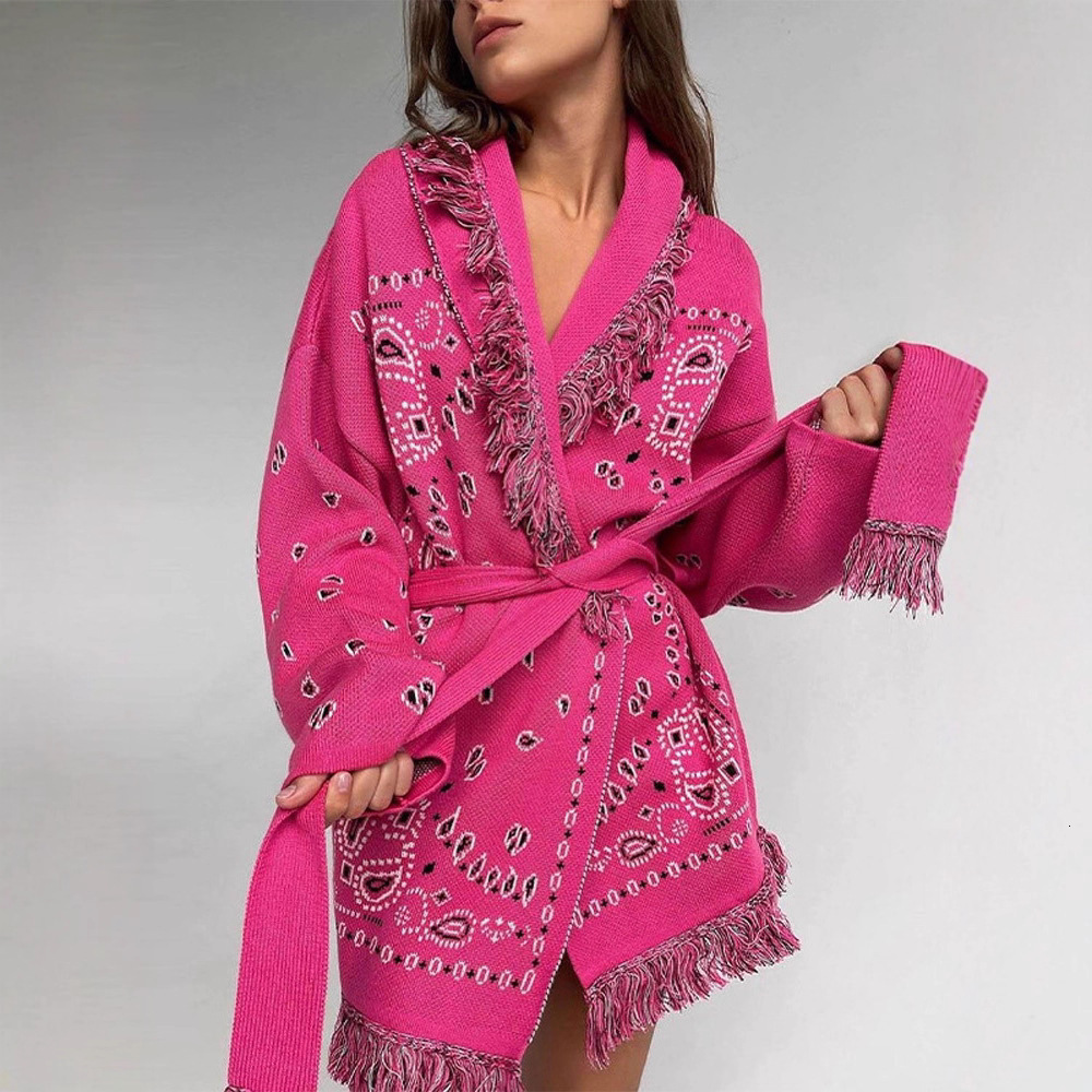 Elegant Knit Jacquard Tassel Belt Cardigan Women Lace Up Lapel Long Sleeve Warm Sweater 2025 Autumn Winter Lady Knitwears 251112
