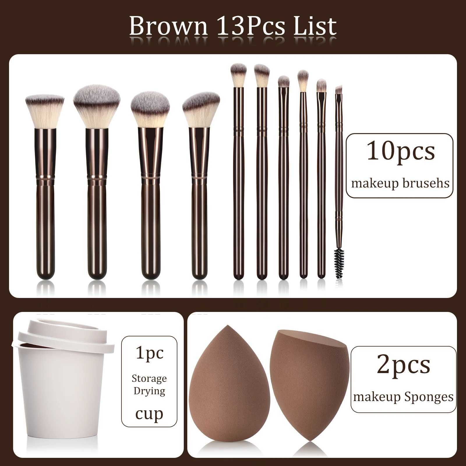 Coffee-Colored Makeup Brush Set with Wooden Handles 10-Piece Ladies Cosmetic Tools including Makeup SpongesT251205