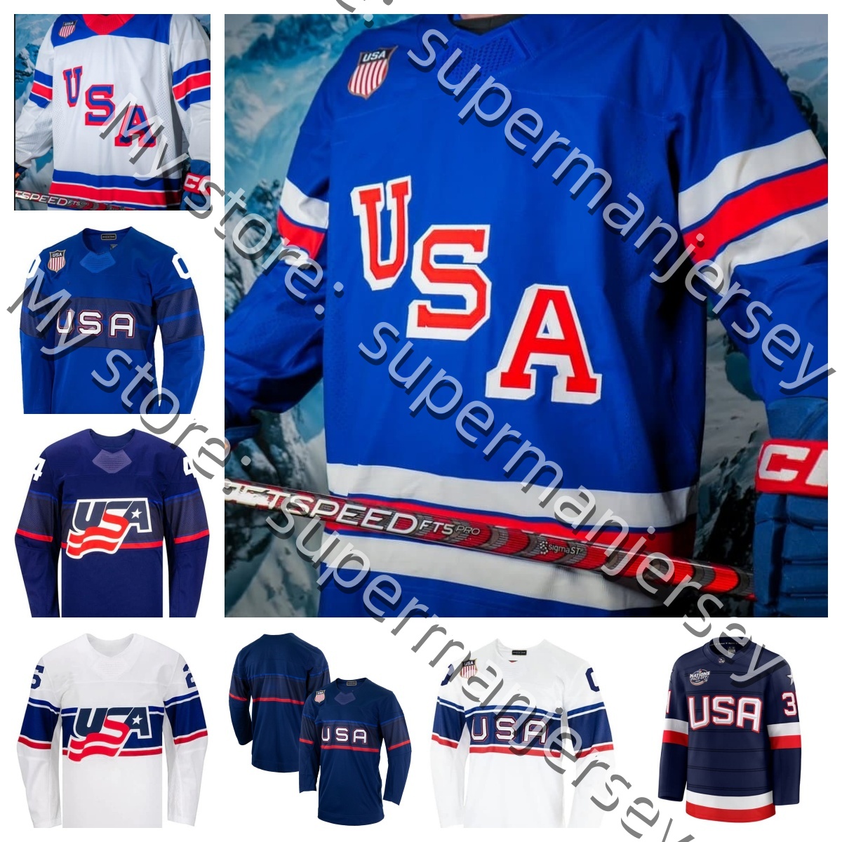 AustonS MatthewsS USA Team 2026 Olympices hockey jersey 43 Quinn Hughes Jack Eichel Charlie McAvoy JT Miller Matthew Tkachuk Cole Caufield Clayton Keller Men Women