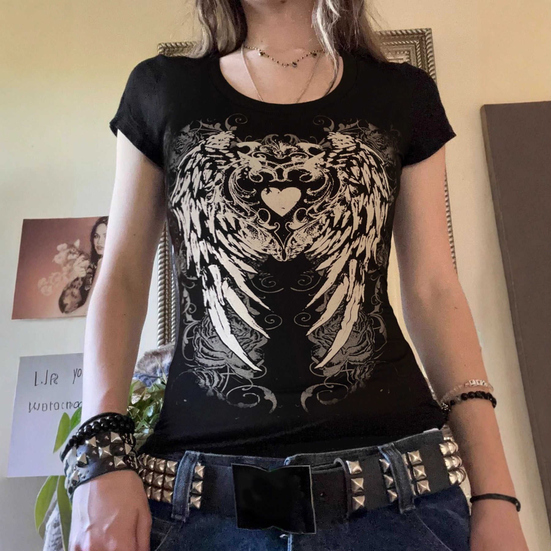 T Shirt Woman Street Wings Print Short Sleeve Dark Summer New Style Fitted Round Neck Top Stylish and Versatile Fit L251205