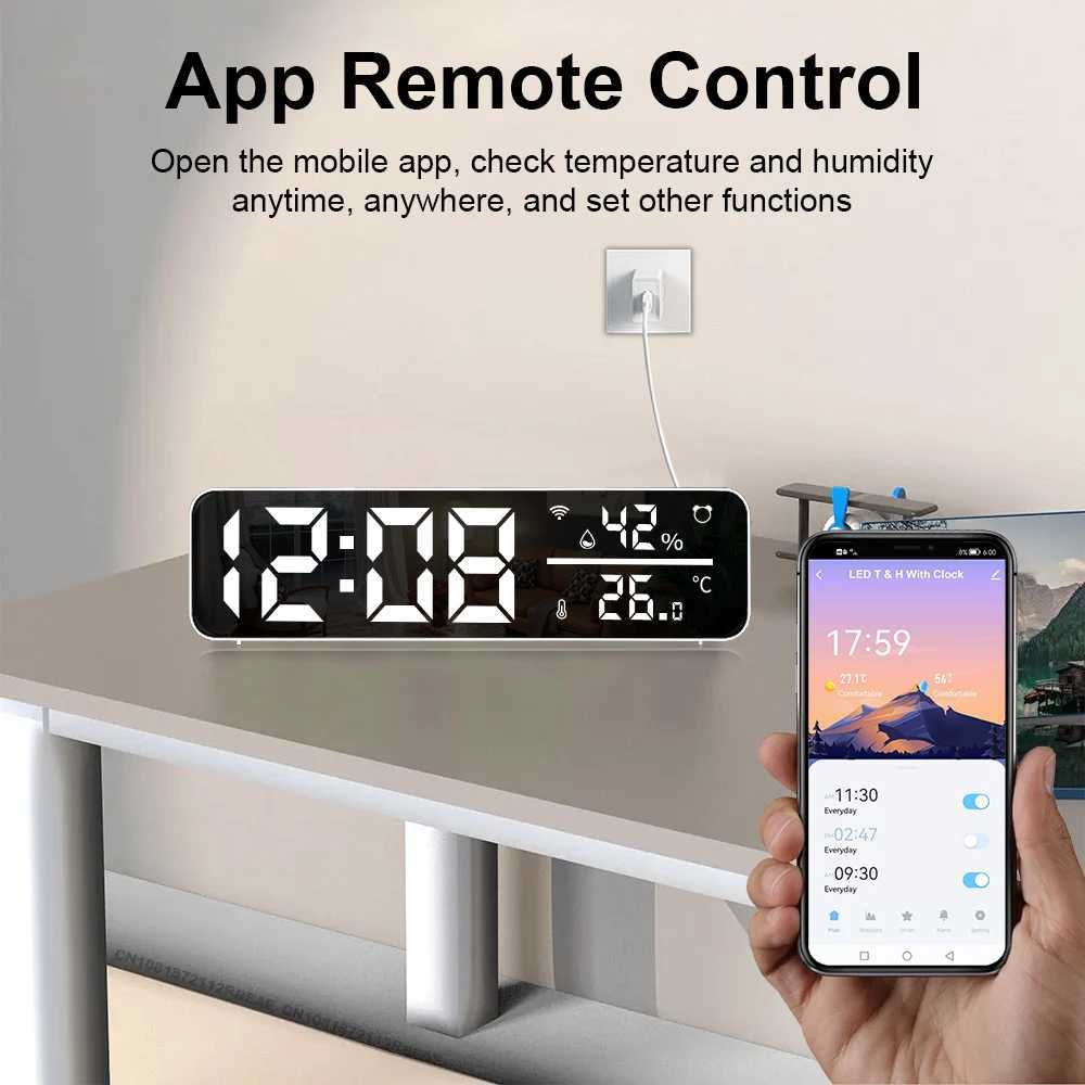 Tuya WiFi LED Alarm Clock Support Temperature Humidity Sensor Time Display USB Desktop Mirror Clocks for Living Room Decoration M251205 - view 4