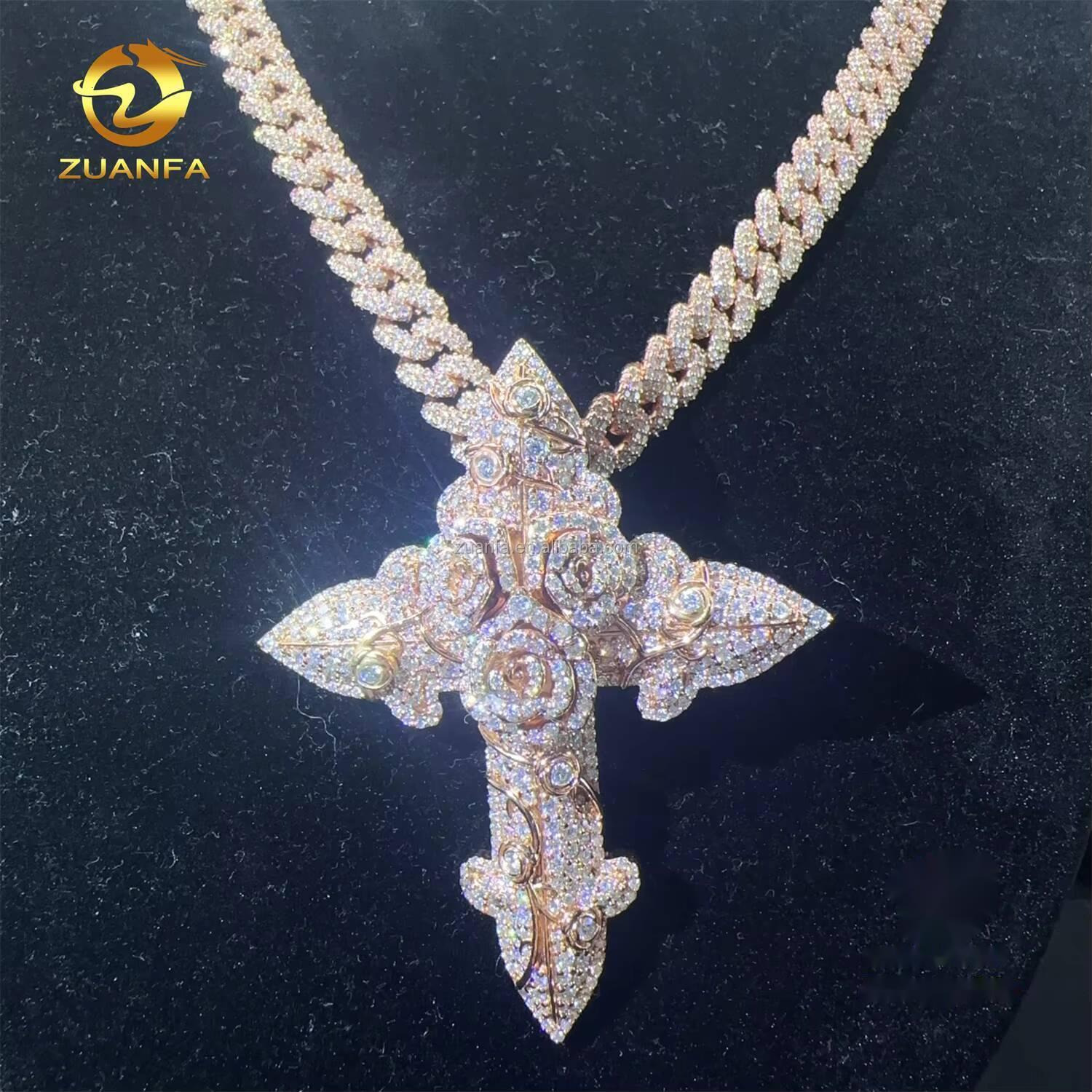 Fashion Man Jewelry Rose Gold Color Hip Hop Pendant S925 VVS1 Moissanite Diamond Rose Cross Pendant Cuban Chain Necklace Set