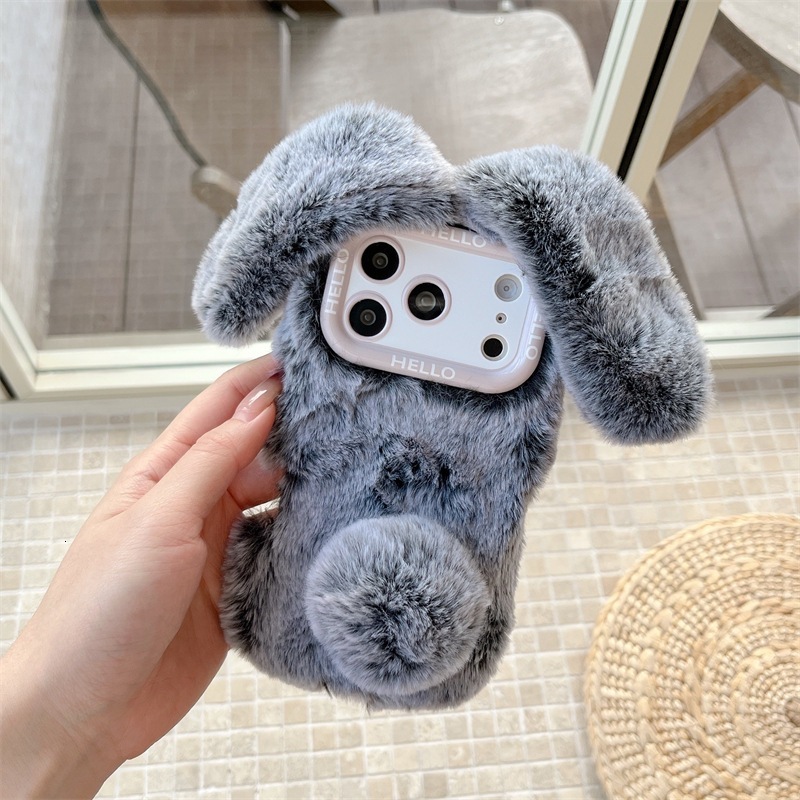 Autumn and Winter Plush Bunny Ears Compatible with iPhone 17 Pro Max Apple 16 Phone 15 Solid Color Hand Warmer Case 14