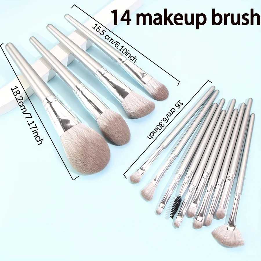 14-Piece Silver Professional Makeup Brush Set Includes 2 Plush Velvet Puffs 2 Blending Sponges Vegan Cruelty-Free Brush CoT251205